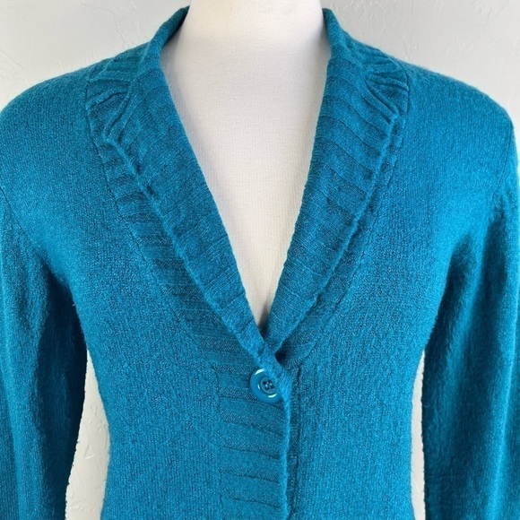Vintage Teal Turquoise Wool Blend Button Down V neck Long Sleeve Cardigan - Picture 4 of 15